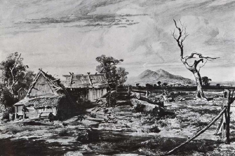 Louis Buvelot Farm sheds below the You Yangs oil painting image